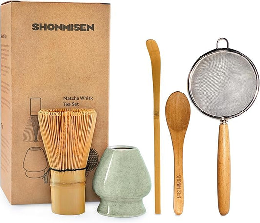 Traditional Matcha Tea Whisk Set with Bamboo Chasen, Ceramic Holder, Scoop, Spoon, Strainer, 5 Piece Japanese Ceremony Kit matcha whisk