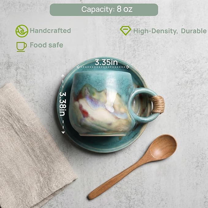 8oz Small Vintage Japanese Style Handmade Ceramic Tea Cup with Saucer , Lead-Free Cappuccino Mug, Artisanal Coffee Mug with saucer set,Handcrafted mug with handle, For Espresso, Latte ,Teal Green