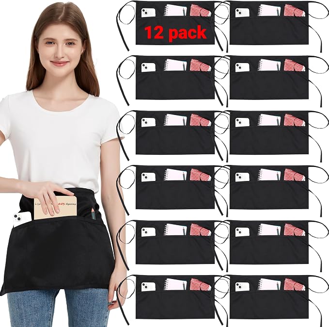 3 Pack Waist Apron with 3 Pockets, Unisex Black Waiter Aprons, Water Resistant Server Aprons for Restaurant Chef Bar by FunChaos