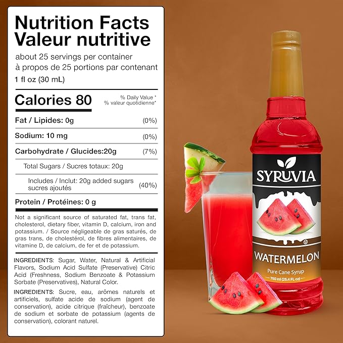 Syruvia Watermelon Syrup, Flavored Syrup for Drinks, Cocktails, Lemonades, Iced Teas, and Desserts – 25.4 fl oz, With Pump