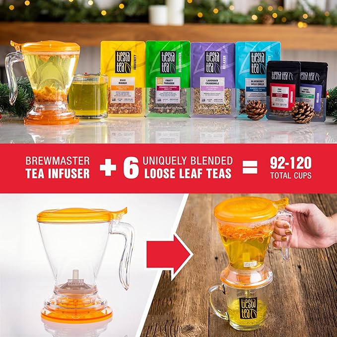 Tiesta Tea Ultimate Live Loose Leaf Kit, Tea Starter Kit with High to Non-Caffeinated Blends, Hot & Iced Brews, Includes Black, Green, Herbal Sample Bags and 16oz Brewmaster Dispensing Infuser