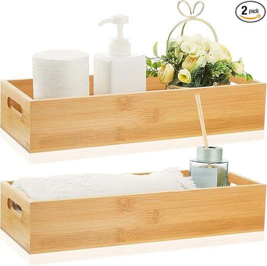 2 Pcs Wood Toilet Paper Basket Bamboo Toilet Paper Tank Topper Wooden Tray for Bathroom Bamboo Organizers and Storage with Handles Kitchen Box with 10 Pcs Silicone Non Slip Pad for Pantry