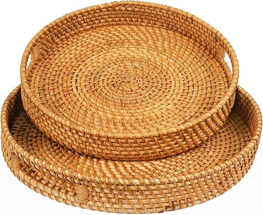Round Rattan Tray, 2 Pack Handwoven Wicker Serving Trays with Handles for Storage and Display (13.78"x1.97";11.81"x1.97")