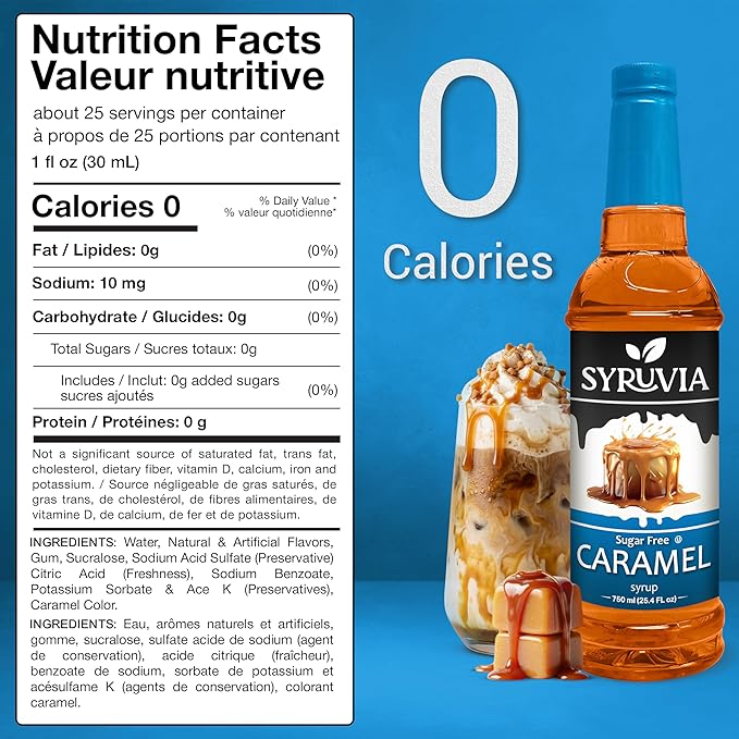 Syruvia Sugar Free Coffee Syrup, Caramel Flavored Syrup for Drinks, Lattes, and Desserts – 25.4 fl oz