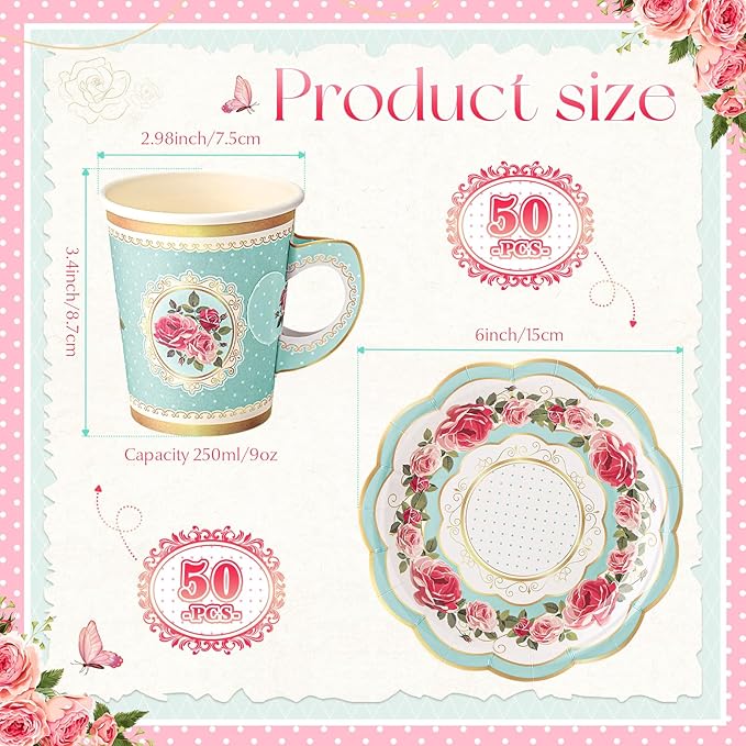 Tioncy 100 Pcs Tea Party Decorations Include 50 Pieces 9 oz Paper Tea Cups with Handle and 50 Plates Disposable Teacups and Saucers Sets for Birthday(Blue Floral)