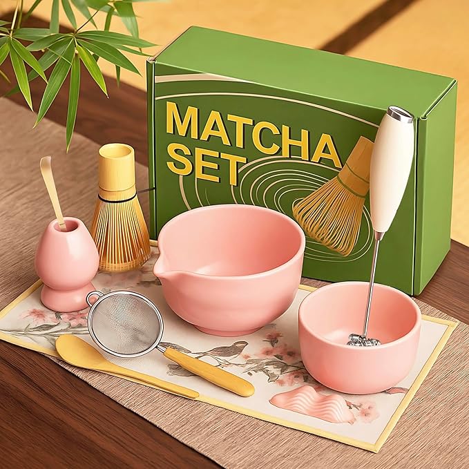 FEXIA 10 Pcs Matcha Whisk Set, Matcha Making Kit, Powerful Milk Frother Wand, Bowl With Spout, Bamboo Whisk, Whisk Holder, Stainless Sifter, Spoon for Japanese Traditional Tea Tools Gift (Pink)