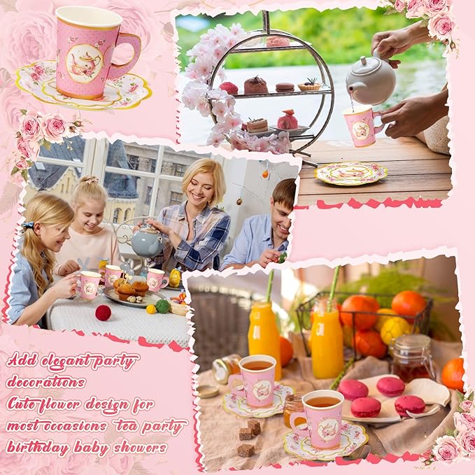 Tioncy 100 Pcs Tea Party Decorations Include 50 Pieces 9 oz Paper Tea Cups with Handle and 50 Plates Disposable Teacups and Saucers Sets for Birthday(Teapot)