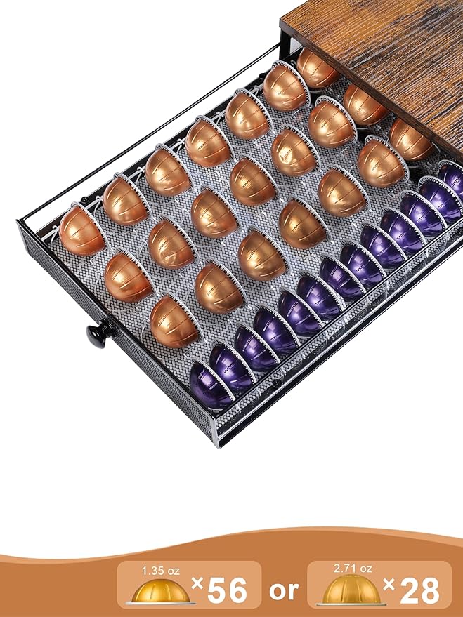 Coffee Pod Holder Drawer Organizer Vertuo Capsules Storage Organizer with Sliding Drawer Compatible For Nespresso Vertuo Pods, Holds up to 56 Small or 28 Big Vertuo Pods Rustic Brown