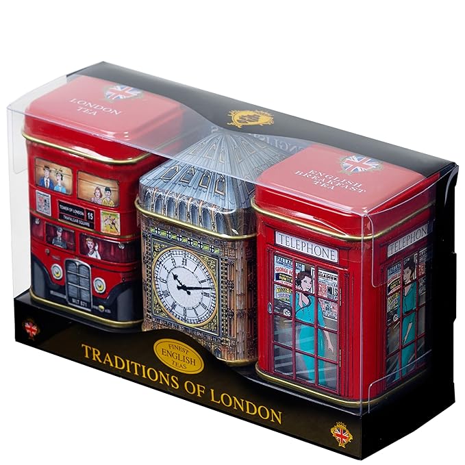 London Icons 3x Mini Tea Tins with Fine English Loose Tea (Big Ben, Red London Bus, Telephone Box)