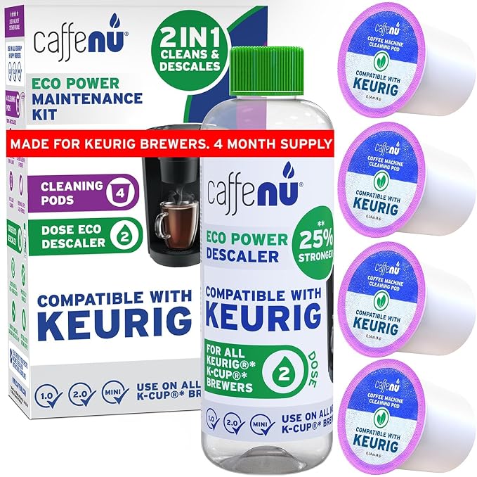 Keurig Compatible Descaling Solution and Keurig Cleaner Pods. Removes Limescale & Cleans Pod Area. Better Tasting & Hotter Coffee. 4 Uses of Descaler & Cleaner. by Caffenu