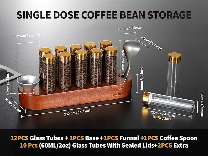 Coffee Bean Container, Single Dose Coffee Bean Storage,10PCS Coffee bean cellar container with wooden stand and funnel coffee spoon.(rose gold lids)