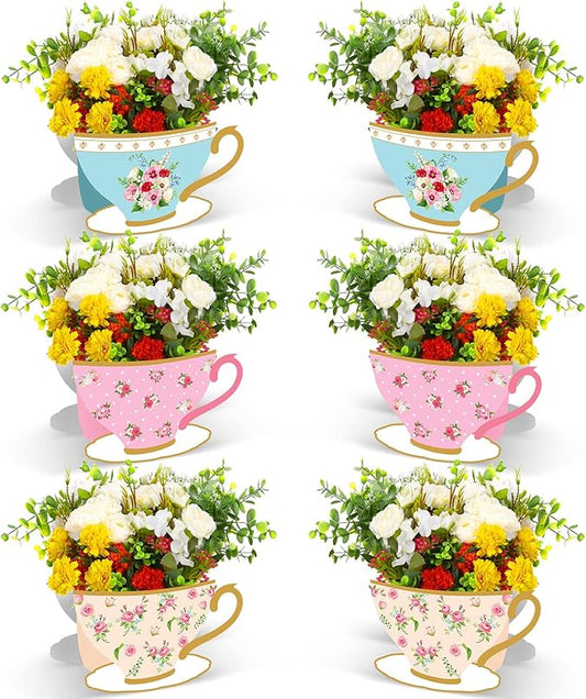 Yinder 6 Pcs Tea Party Decorations Princess Party Flower Boxes Centerpiece Floral Teapot Centerpiece for Floral Tea Themed Birthday Wedding Supplies(Fresh Tea Cup)