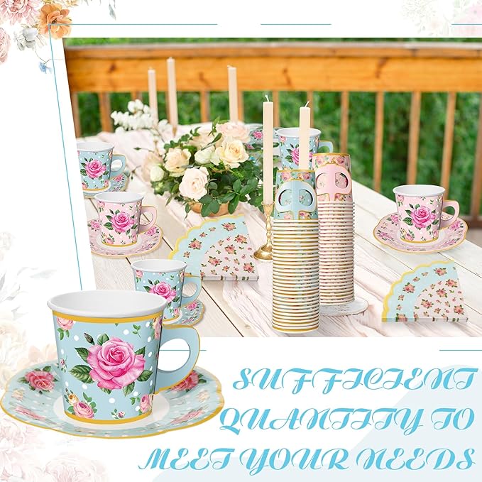 Umigy 60 Sets Tea Party Decorations 6.5 oz Floral Paper Tea Cups with Plates Paper Napkins Disposable Blossom Teacups and Saucers Sets for Girls Kid Birthday Garden Wedding Party Supplies(Elegant)