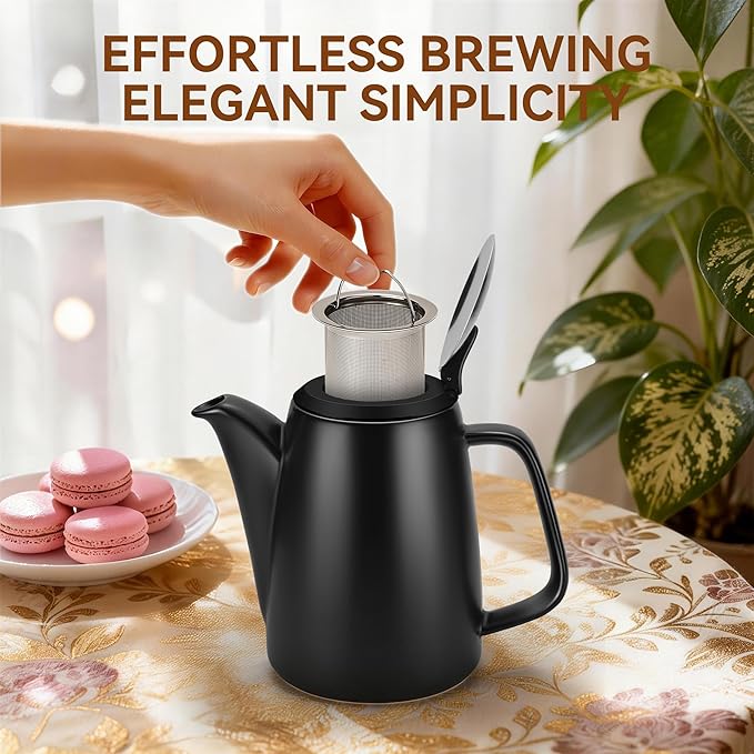 Ceramic Teapot with Infuser, 32 oz Loose Leaf Tea Pot Ceramic with Removable Stainless Steel Infuser, Mess-Free Loose Tea Diffusers, Ideal for Tea Steeper (Black)