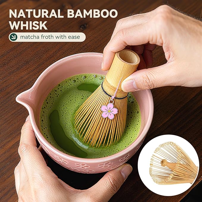 Sakura Matcha Whisk Set, 8 PCS Japanese-Style Matcha Kit with Cherry Blossom Matcha Bowl, Bamboo Whisk & Holder, Scoop, Spoon Rest, Wooden-Handle Sifter & Gift Box for Matcha Lovers (Pink)