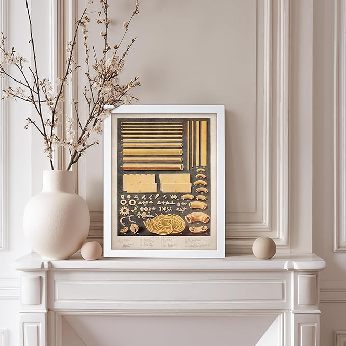 Poster Master Vintage Food & Drink Poster - Retro Pasta Print - Varieties of Pasta Art - Gift for Him, Her, Chef, Cook - Great Decor for Restaurant, Kitchen, Dining Room, 8x10 White Framed