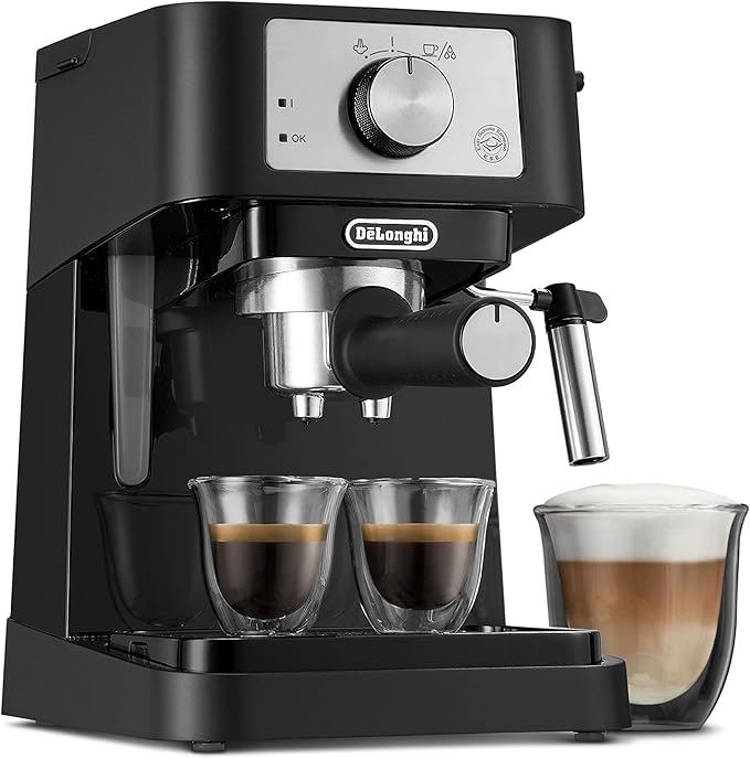 De'Longhi Manual Espresso Machine with 15 Bar Pump, Milk Frother, and 2 Thermo Espresso Glasses