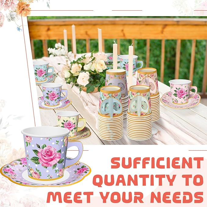 Umigy 36 Sets Tea Party Decorations 6.5 oz Floral Paper Tea Cups with Handle and Plates Disposable Blossom Teacups and Saucers Sets for Girls Kids Birthday Garden Wedding Party Supplies(Mixed Color)