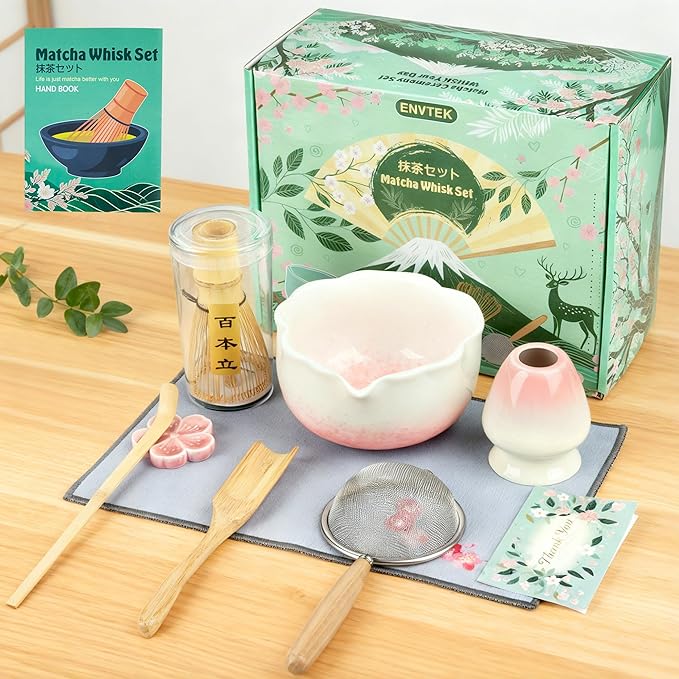 8Pcs Matcha Whisk Set with Floral Ceramic Matcha Bowl, Wooden-Handled Sifter, Bamboo Whisk, Whisk Holder, Bamboo Scoop, Scoop Rest, Spoon, Tea Towel, Greeting card, Gift for Beginners