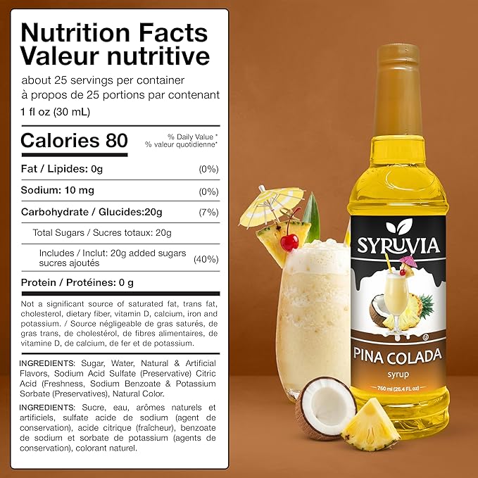 Syruvia Pina Colada Syrup, Flavored Syrup for Cocktails, Drinks, Lemonades, Iced Teas, and Desserts – 25.4 fl oz, With Pump