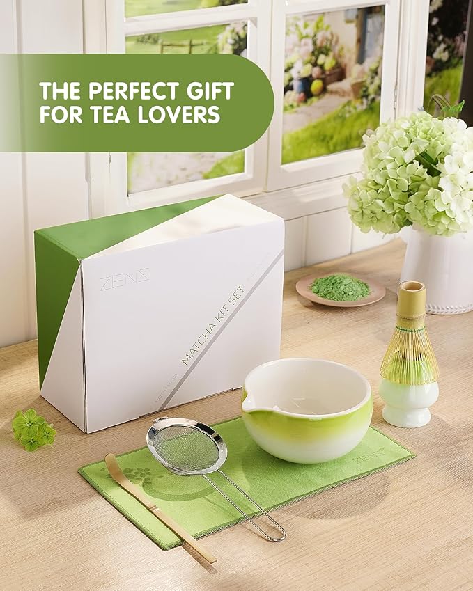 ZENS Matcha Whisk Set, 6pcs Matcha Kit Includes Ceramic Bowl, Handcrafted Bamboo Whisk and Chasen Holder, Scoop, 304 Sifter & Tea Mat，Matcha Set for Tea Ceremony,Latte Making, Green