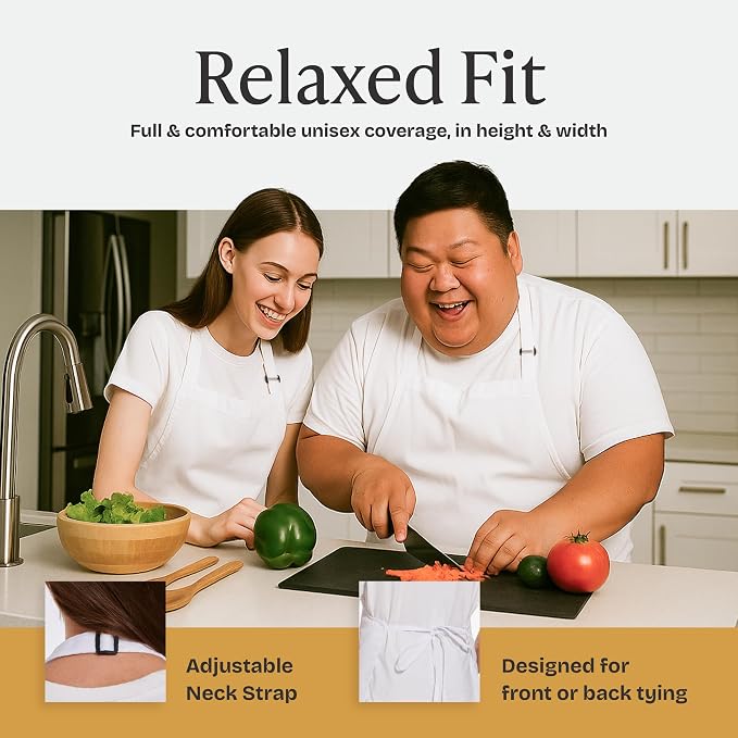 Will Well Kitchen 2 Pack Bib Apron For Men & Women with 2 Pockets - White | Unisex 33'' x 27'' Oil & Water Resistant Soft Kitchen Chef Apron with Adjustable Neck Strap & 38'' Waist Ties for Snug Fit - Image 6