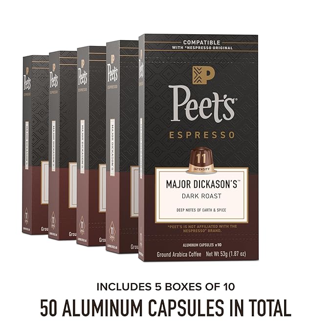 Peet's Coffee, Dark Roast Espresso Capsules, Compatible with Nespresso Original Machines, 100% Arabica Coffee - Major Dickason's Blend Intensity 11, 50 Count (5 Boxes of 10 Espresso Capsules)