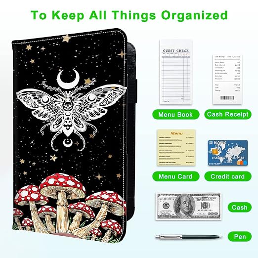 Server Books for Waitress, with 7 Large Pockets, Waiter Serving Book, Waitstaff Server Order Pads, Cute PU Leather Server Book with Pen Holder Fit Server Apron, Trippy Mushroom Moth Butterfly - Image 5