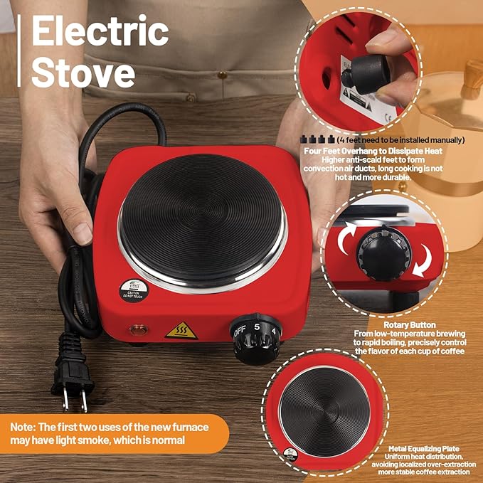 2-in-1 Aluminum Moka Pot Set with Electric Stove Classic Stovetop Espresso Coffee Maker 150ml 5oz Mocha Express Portable Camping Travel Preferred Cafe Makers Italian Cuban Café Brewing 3 Cup