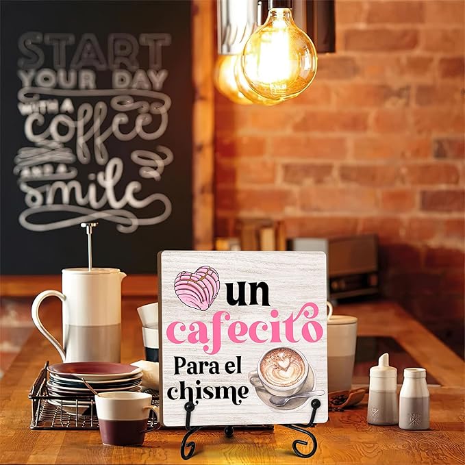 Stylish Cafe Station Decor, Coffee Bar Sign, Pink Signs for Station, Gifts for Coffee Lovers, Rustic Farmhouse Home Office Kitchen Decoration Bar Favor and Accessories 5 x 5 Inches-105