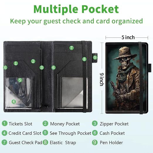 Server Books for Waitress, 5x9 Inch Waitstaff Server Order Pads, 11 Large Pockets, Cute PU Leather Waitress Book Server Wallet with Elastic Band Fit Server Apron,Skull Cowboy with Gun - Image 3