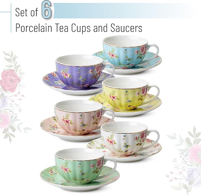 BTaT- Floral Tea Cups and Saucers Set of 6 (7 oz), Porcelain Tea Cups Set of 6, Pastel Bloom Design with Gold Trim, Dishwasher & Freezer Safe