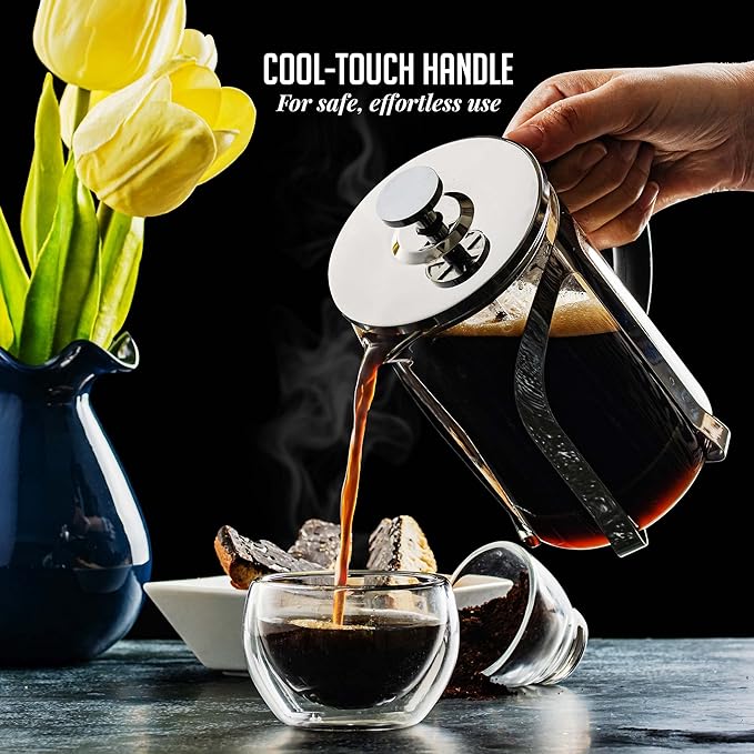 OVENTE French Press Coffee Maker, 27oz Heat Resistant Borosilicate Glass, BPA-Free Brewing Pot with 4-Level Filter System and Stainless Steel Plunger for Cold Brew Coffee, Tea and More, Clear FGC27T