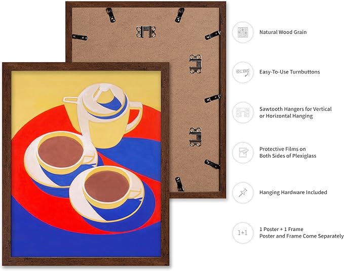 Poster Master Vintage Food & Drink Poster - Retro Colorful Coffee Print - Café Wall Art - Gift for Barista, Coffee Lovers, Café Owner - Decor for Dining Room, Kitchen, 11x14 Brown Framed