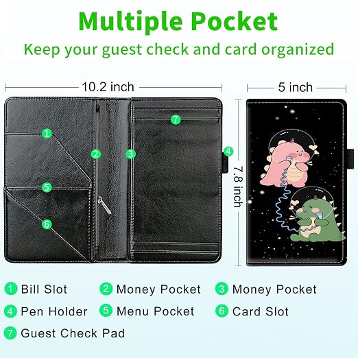 Server Books for Waitress, with 7 Large Pockets, Waiter Serving Book, Waitstaff Server Order Pads, Cute PU Leather Server Book with Pen Holder Fit Server Apron, Pink and Green Dinosaur - Image 3