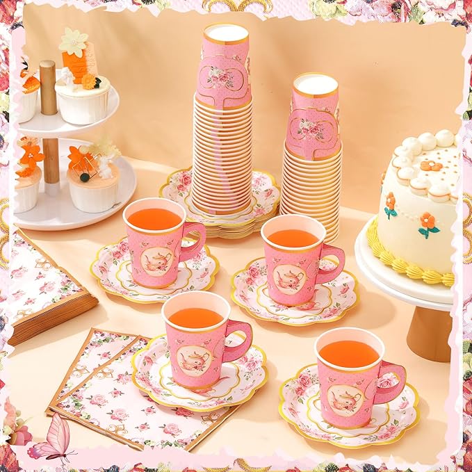 Vesici 150 Pcs Floral Tea Party Decorations for Table 9 oz Disposable Paper Tea Cups with Handles Plates, Saucers and Napkins Set for Spring Party Girl Birthday Wedding Mothers Day(Teapot)