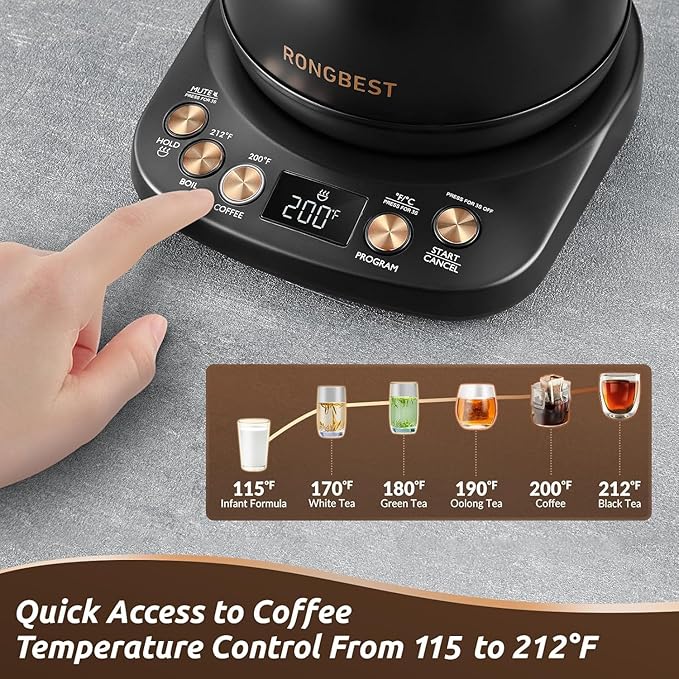 Electric Gooseneck Kettle 1L 1200W, 6 Temperature Presets, Quick Heating Pour Over Kettles for Coffee & Tea with Auto Shut-off, Stainless Steel Inner & Lid, Matte Black