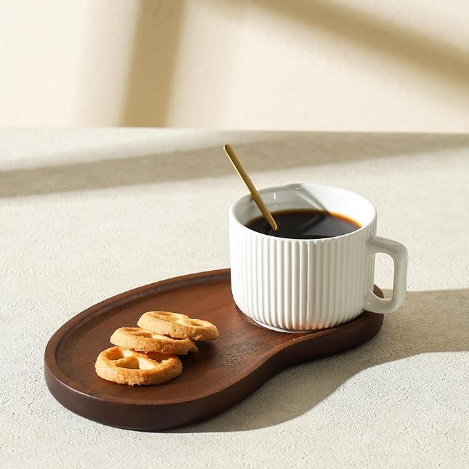 Tea Cup and Saucer Set, 8OZ Cappuccino Cup with Acacia Serving Saucer and Spoon, White Cream Ceramic Coffee Mug with 9.4inch Wooden Plate for Latte Dessert Breakfast