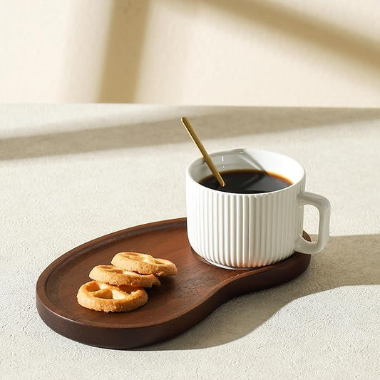 Tea Cup and Saucer Set, 8OZ Cappuccino Cup with Acacia Serving Saucer and Spoon, White Cream Ceramic Coffee Mug with 9.4inch Wooden Plate for Latte Dessert Breakfast