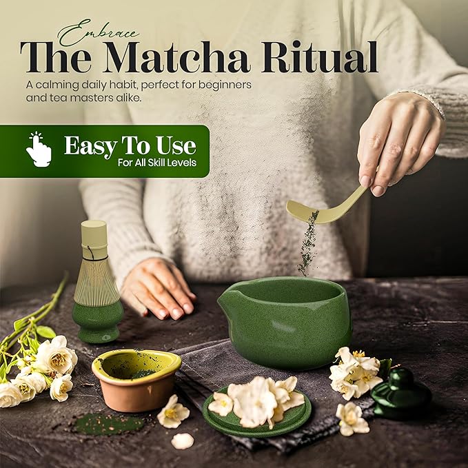 NEXTLUXE Matcha Whisk Set – Matcha Bowl and Whisk Traditional Bamboo Chasen with Ceramic Bowl, Matcha Sets, Matcha Whisk and Bowl, Matcha Sarter Kit - Measurement Lines, Spoon & Lid – Green
