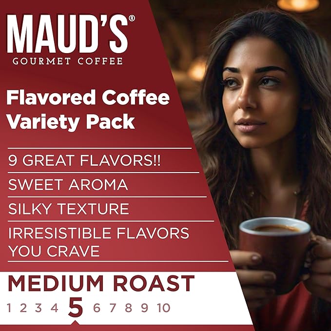 Maud's Flavored Coffee Pods Variety Pack, 40 ct, 9 Assorted Flavors, Medium Roast Flavored Coffee in Single Serve Pods – 100% Arabica Beans, Compatible with Keurig K Cups Maker - Image 3