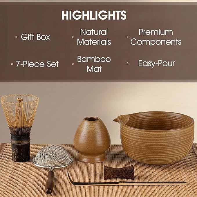 Matcha Whisk Set, 7-Piece Matcha Kit with Ceramic Matcha Bowl, Bamboo Whisk, Scoop & Sifter - Complete Matcha Tea Set Perfect for Beginners & Matcha Lovers, Brown