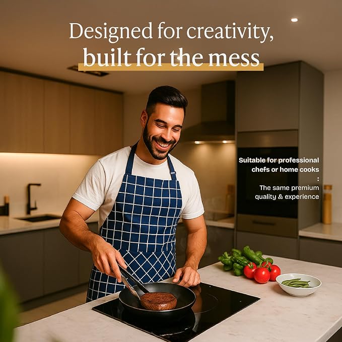 Will Well Kitchen Apron for Men and Women - 33" x 27" Oil-and-Water-Resistant with Adjustable Neck Strap and 38" Waist Ties for a Snug Fit, Lightweight with 2 Front Pockets - 1-Pack, Navy Checkered | Unisex 33'' x 27'' Oil & Water Resistant Soft Kitche... - Image 2