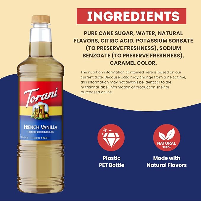 Torani French Vanilla Coffee Syrup 1 Liter Bottle with Pump Dispenser – Flavored Syrup with Pure Cane Sugar & Natural Ingredients – Perfect for Lattes, Teas, Cocktails & Desserts - Image 5
