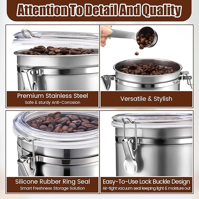 Suclain 2 Pack 64oz Stainless Steel Coffee Canister for Kitchen Airtight Coffee Bean Grounds Storage with 2 Measuring Spoons Large Metal Food Storage Canisters with Lid for Tea Cereal Sugar Flour