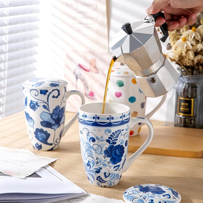 GBhome Tea Mug with Infuser and Lid, 18 Ounce Large Ceramic Loose Leaf Cup, Microwave, Dishwasher Safe, Perfect for Tea Lovers