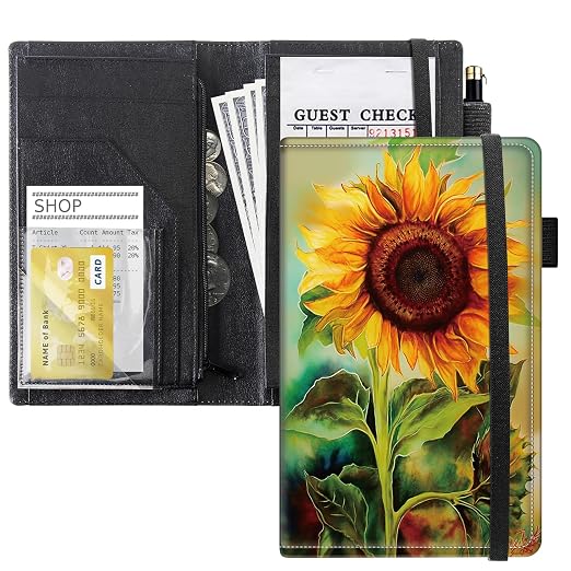 Server Books for Waitress, 5x9 Inch Waitstaff Server Order Pads, 11 Large Pockets, Cute PU Leather Waitress Book Server Wallet with Elastic Band Fit Server Apron,Lovely Sunflowers by Unknown
