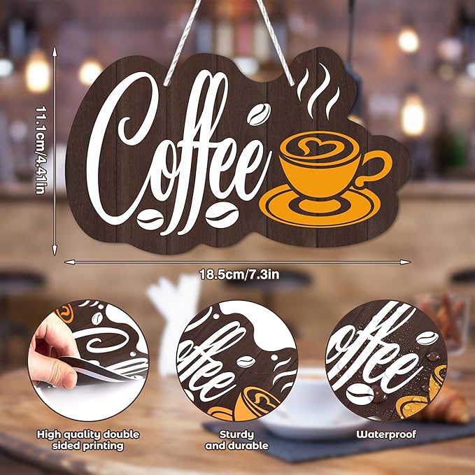 Coffee Bar Sign for Wall Decor, Hanging Coffee Sign for Cafe Station, Farmhouse Cafe Sign for Kitchen Hot Drink Shop,7.3x4.4 Inch