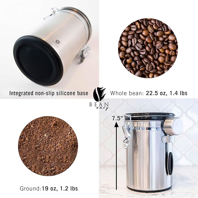 Bean Envy Airtight Coffee Canister, 22.5 Oz coffee bean storage with Date tracker and Co2 release valve, Stainless Steel coffee container, espresso bean storage- best gift accessories