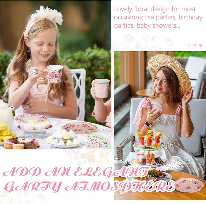 Umigy 36 Sets Tea Party Decorations 6.5 oz Floral Paper Tea Cups with Plates Paper Napkins Disposable Blossom Teacups and Saucers Sets for Girls Birthday Party Supplies(Pink)